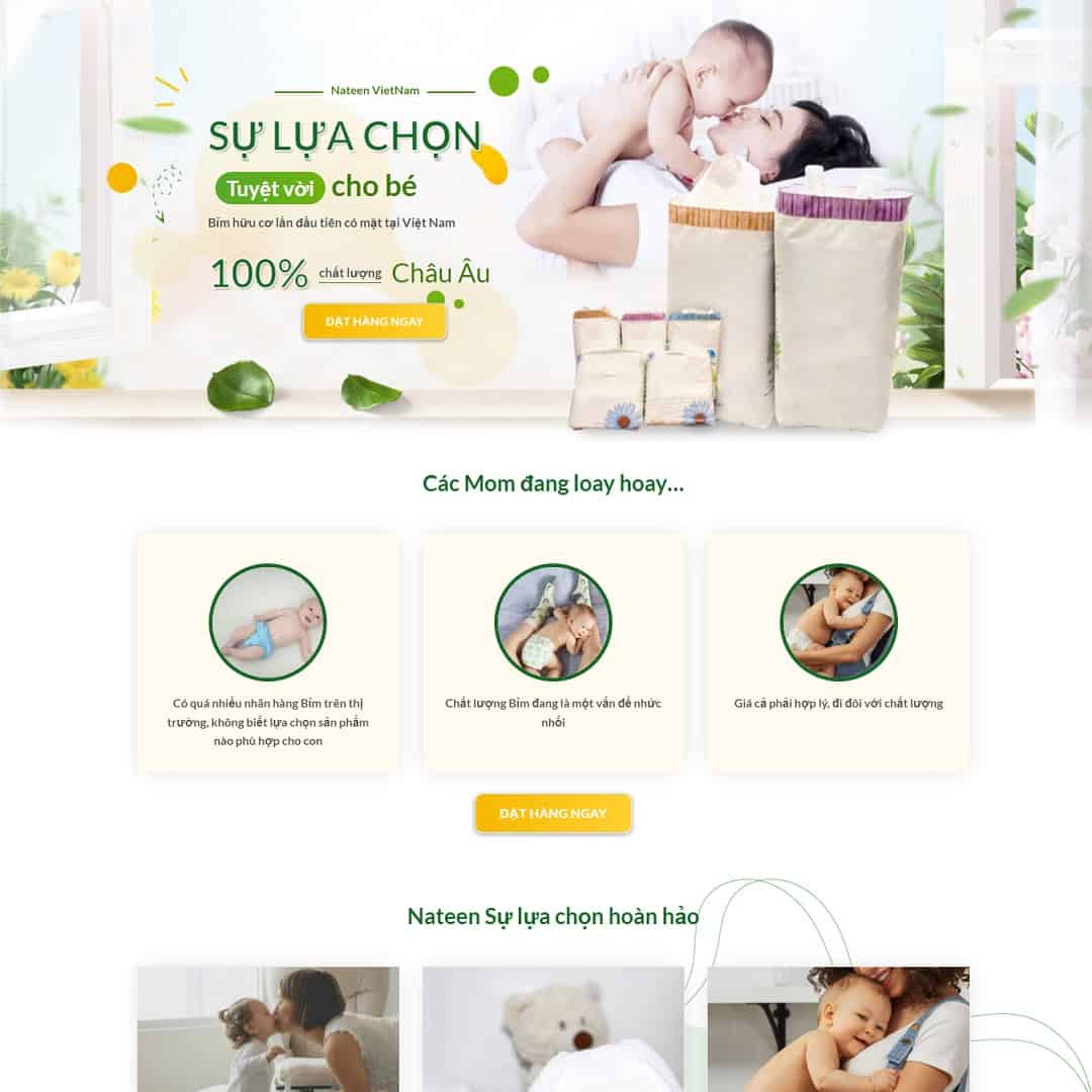 Mẫu Website Landing Page Bỉm Cho Bé - Mẹ Và Bé - Shop Online - Cài Đặt Sẵn