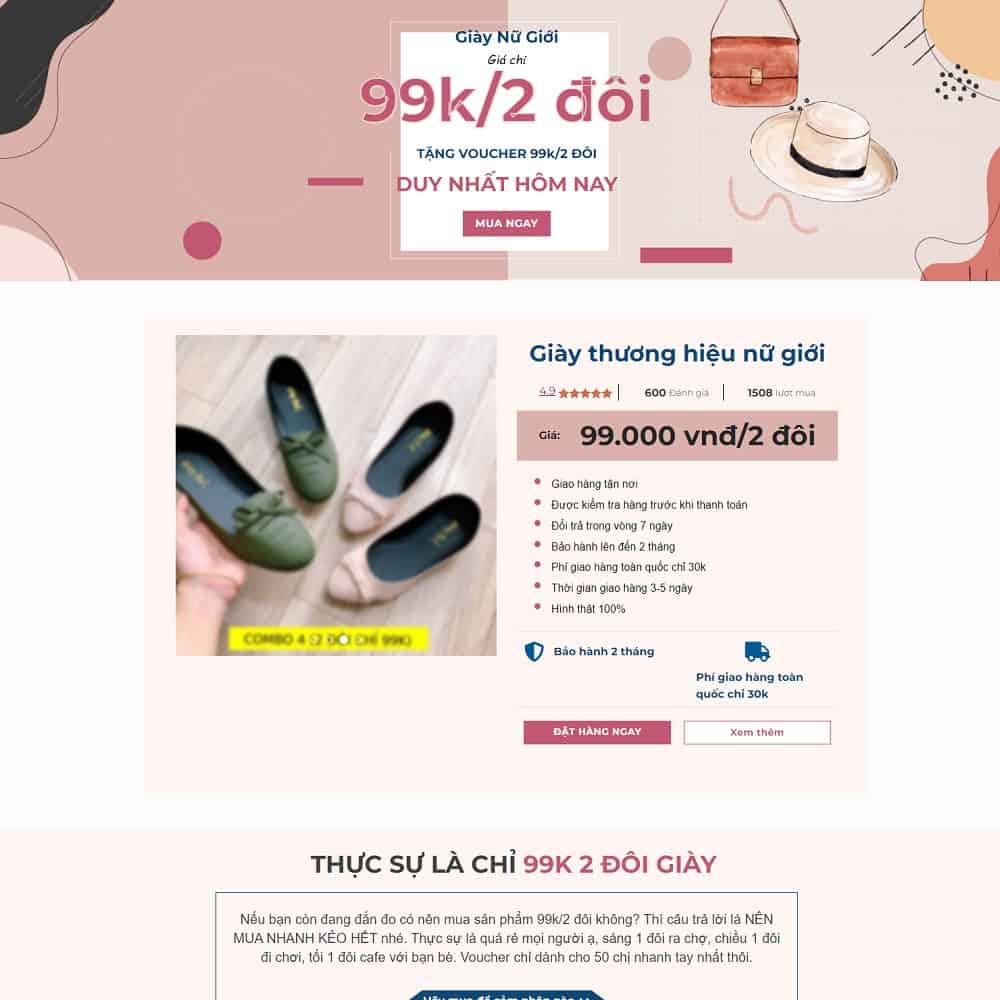 Mẫu Website Landing Page Bán Giày Dép Nữ - Shop Online - Cài Đặt Sẵn