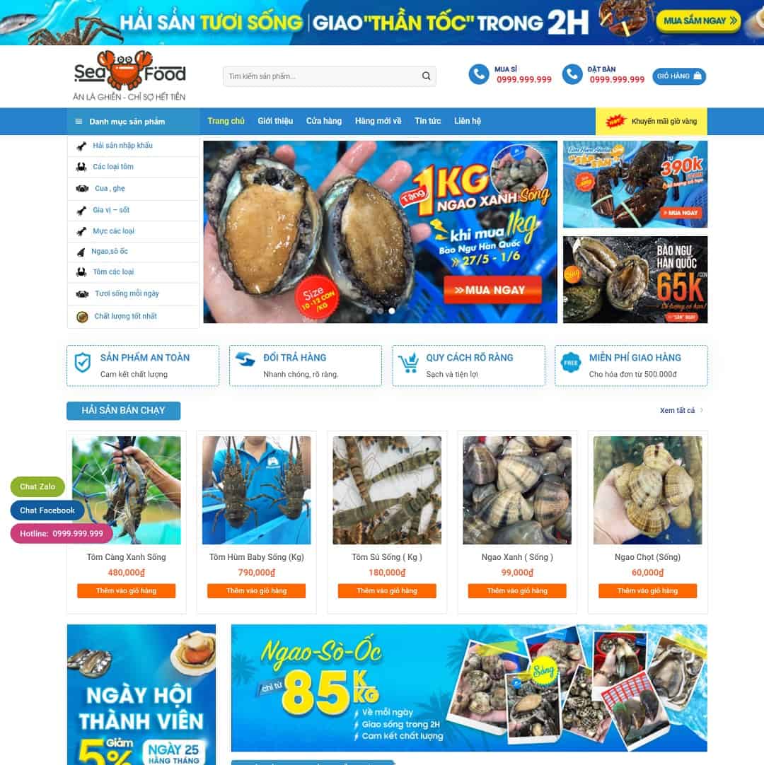 Mẫu Website Cửa Hàng Bán Hải Sản - Thực Phẩm Tươi Sống - Shop Online - Cài Đặt Sẵn