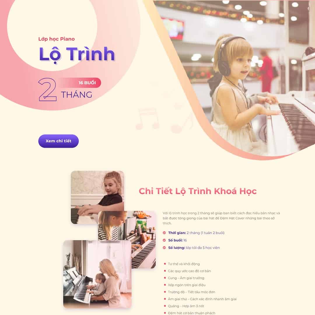Mẫu Website Landing Page Khóa Học Đàn Piano - Giáo Dục Âm Nhạc - Cài Đặt Sẵn