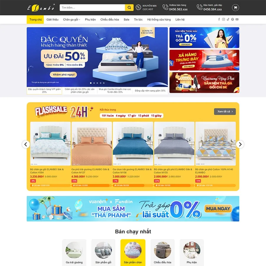 Mẫu Website Cửa Hàng Chăn Ga Gối Nệm - Nội Thất Phòng Ngủ - Shop Online - Cài Đặt Sẵn