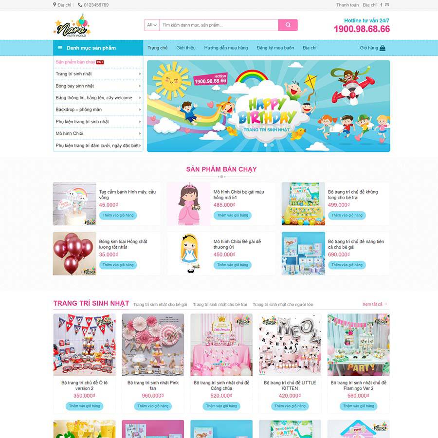 Mẫu Website Bán Phụ Kiện Trang Trí Sinh Nhật - Shop Online - Cài Đặt Sẵn