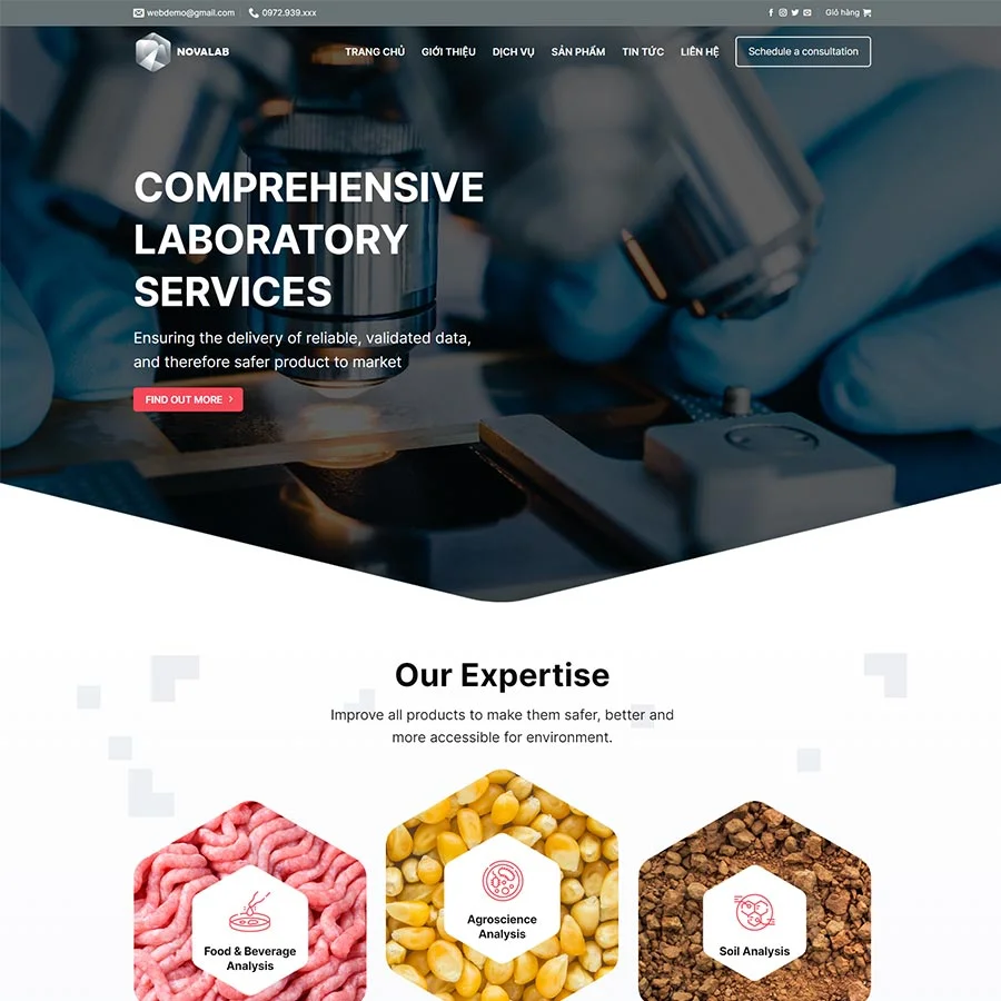 Mẫu Website Phòng Lab Thí Nghiệm Y Tế - Thiết Bị Xét Nghiệm - Cài Đặt Sẵn