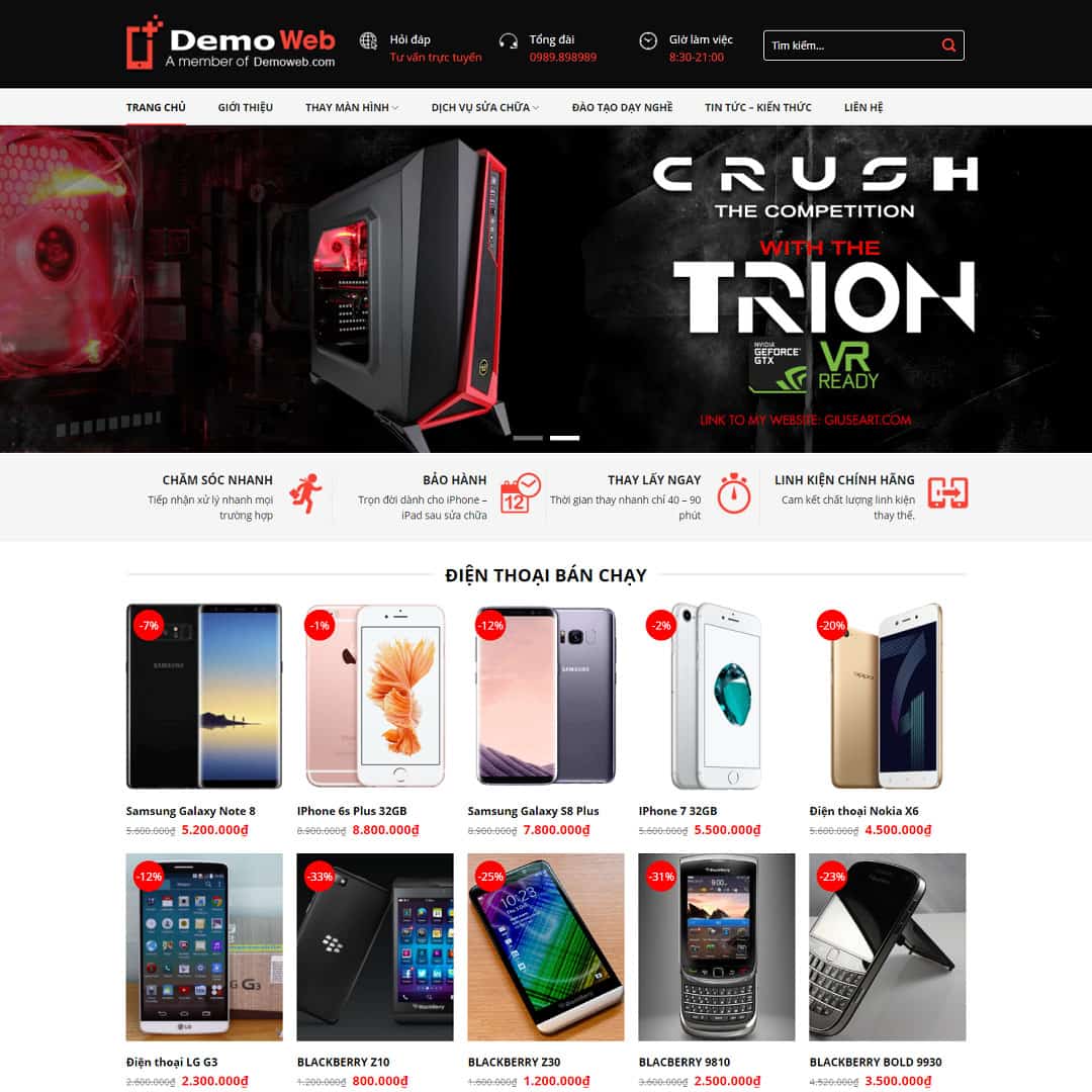 Mẫu Website Dịch Vụ Sửa Chữa Điện Thoại - Chăm Sóc Thiết Bị - Cài Đặt Sẵn