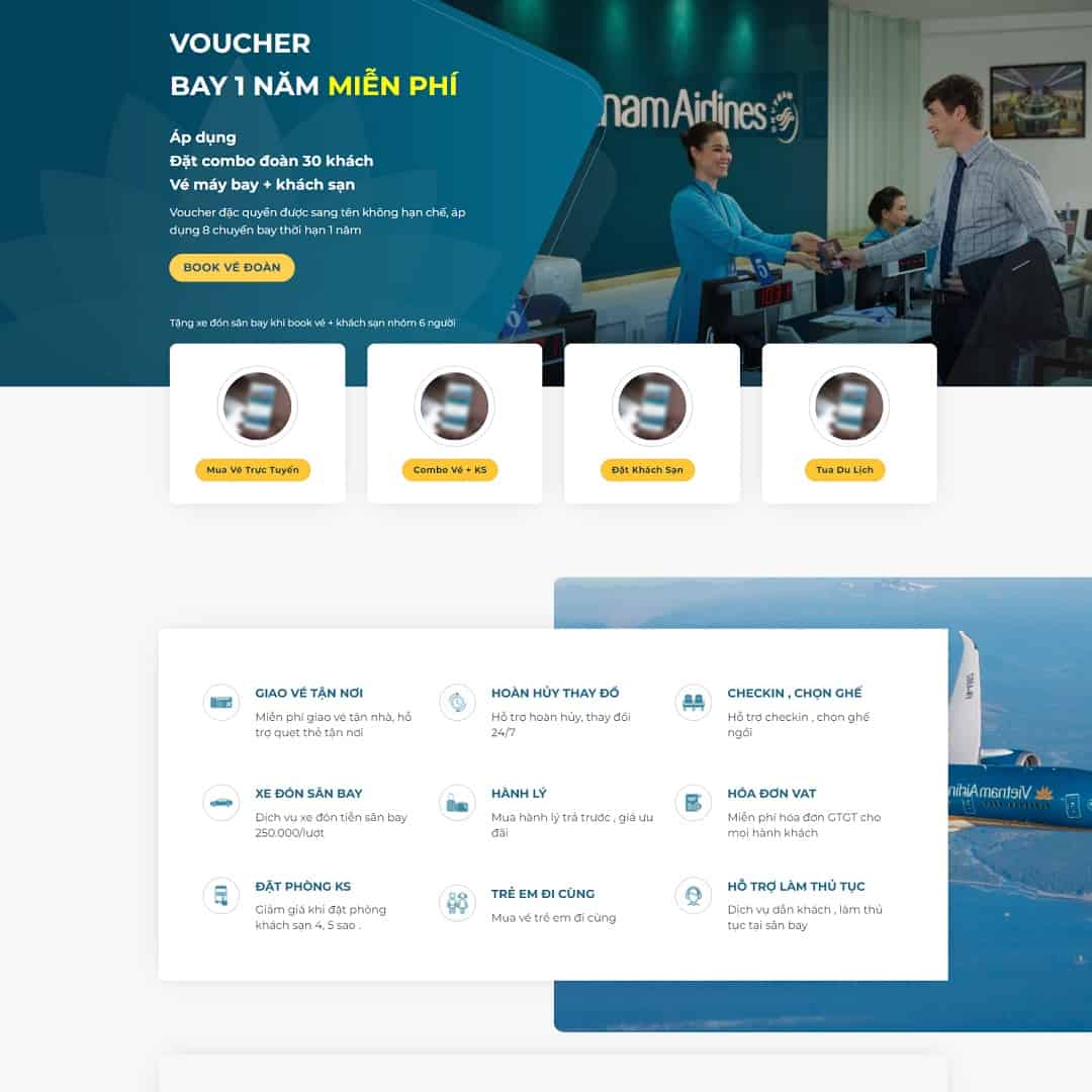 Mẫu Website Landing Page Bán Vé Máy Bay - Du Lịch - Cài Đặt Sẵn